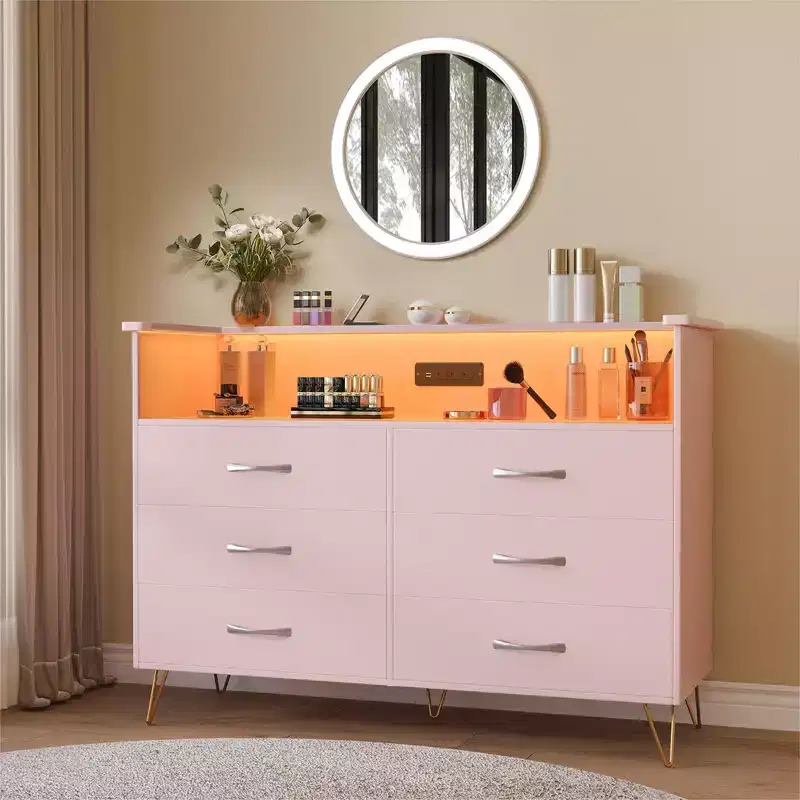 Bedroom vanity with LED lighting and charging station, featuring 6 wooden drawers and 2 tiers of shelving, suitable for living rooms and entryways.