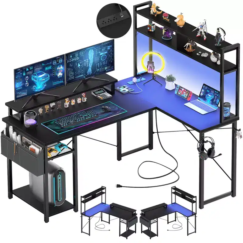 Besiost L Desk Computer Table with Reversible Hutch and Charging Station