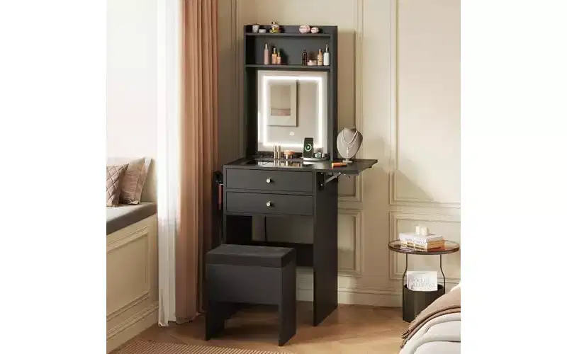 DEXYLLO Small Vanity Desk with Mirror and Adjustable Lights, Makeup Vanity Set with Fold-up Panel and Chair