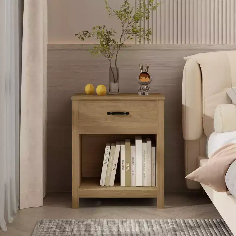 Minimalist Nightstand with Drawer and Open Shelf, Modern Bedside Table for Bedroom or Living Room