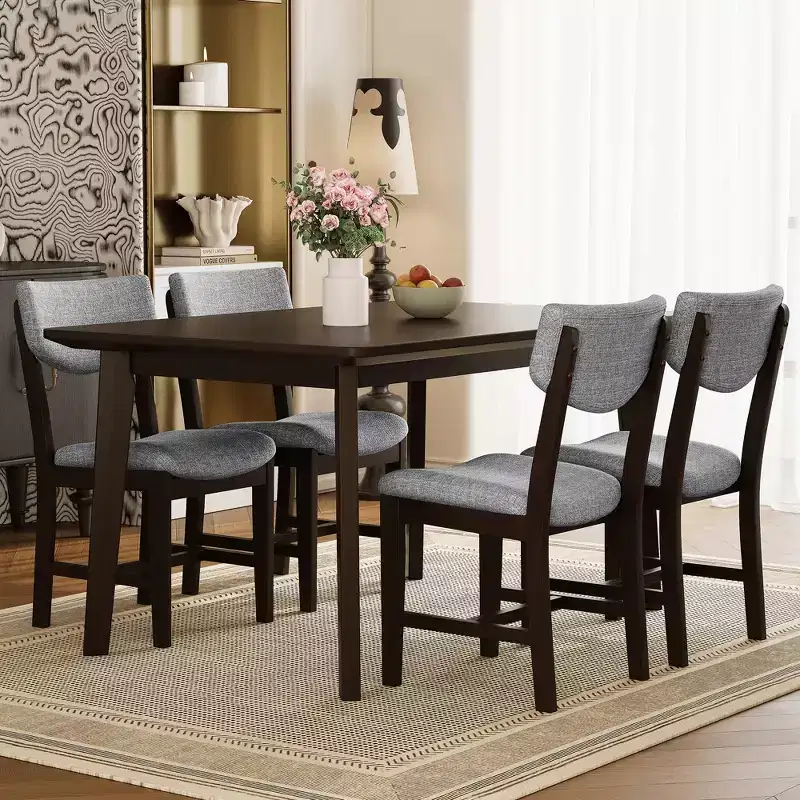 5-Piece Rustic Dining Set with Wood Table and 4 Upholstered Chairs in Espresso