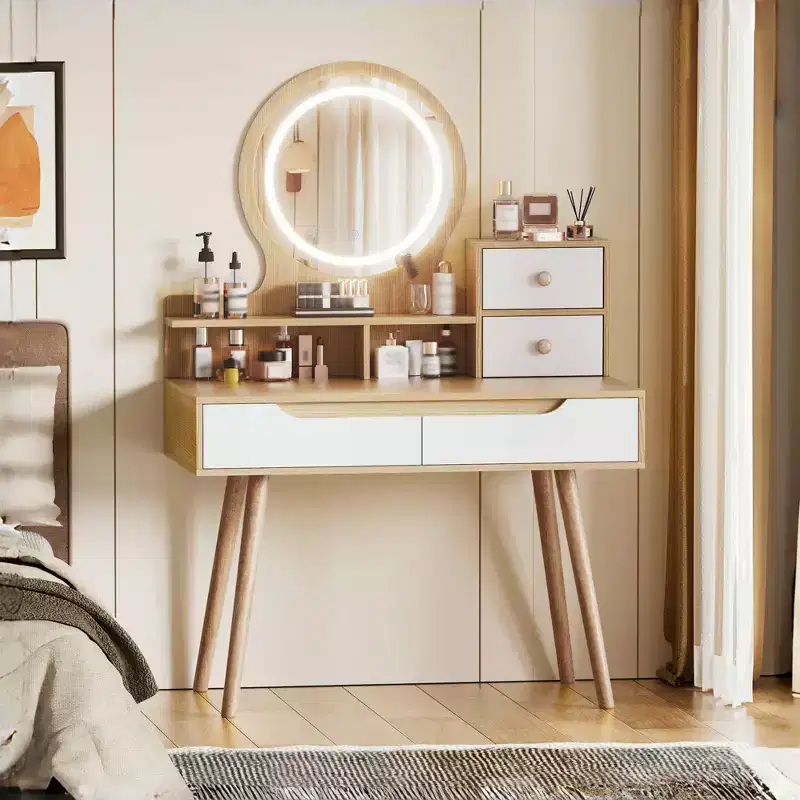 Makeup Vanity with 3 Colors Modes Adjustable Brightness Mirror, 4 Drawers and 3 Open Storage Shelves, Dressing Table, Makeup Desk