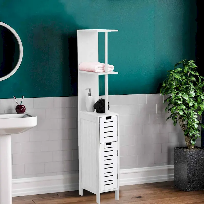 Miami White Slim Bathroom Storage Cabinet Open Shelves Two Doors - 51.4H x 7.2L 12W