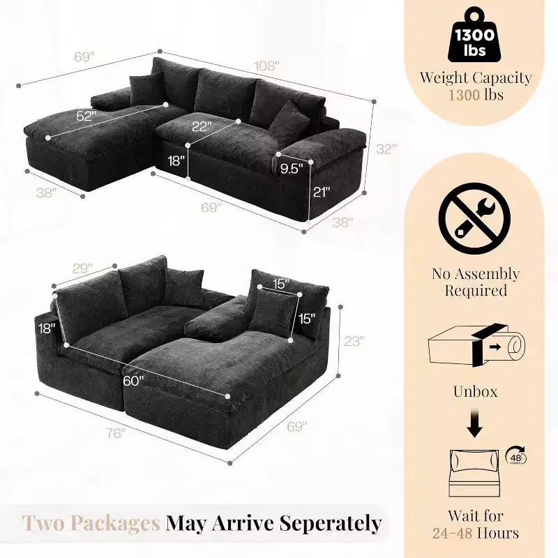 AMERLIFE 108 L-Shaped Boneless Sectional Sofa, Modern Oversized Cloud Couch for Living Room, No Assembly