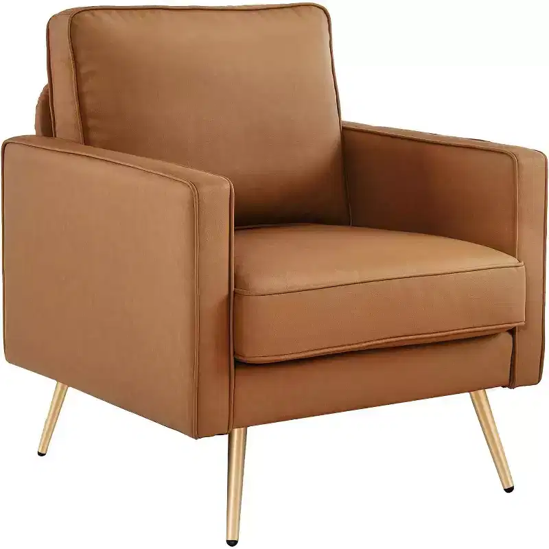 VINGLI Modern PU Leather Accent Chair , Comfy Chair Arm Chair Reading Chair with Metal Legs and Deep Seat for Office,Apartment,Small Space,Cognac