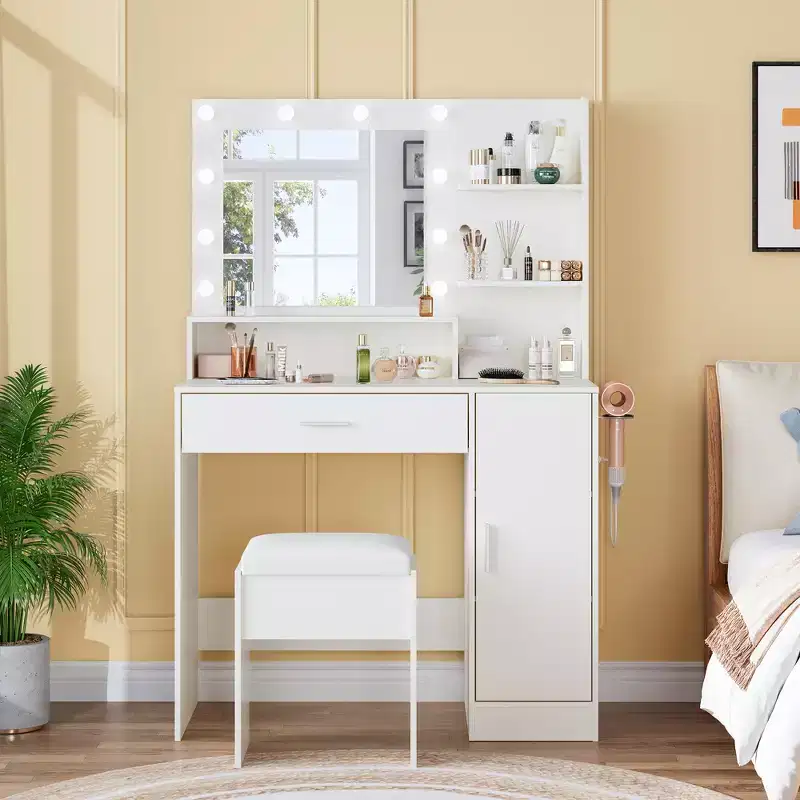 Makeup Vanity Set with LED Mirror, 3 Lighting Modes, Charging Station, Hairdryer Holder and Padded Stool for Bedroom