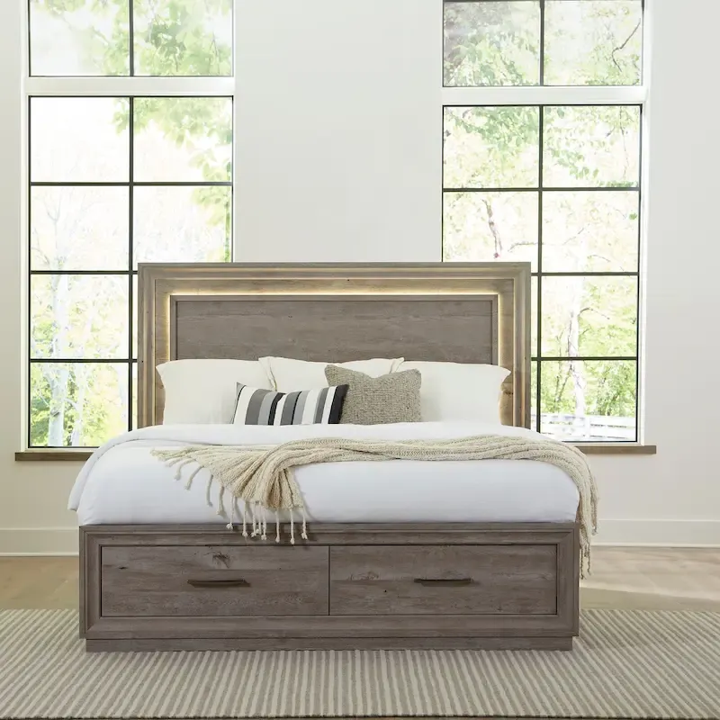King Storage Bed with Graystone Finish – Platform Bed with Built-In Drawers
