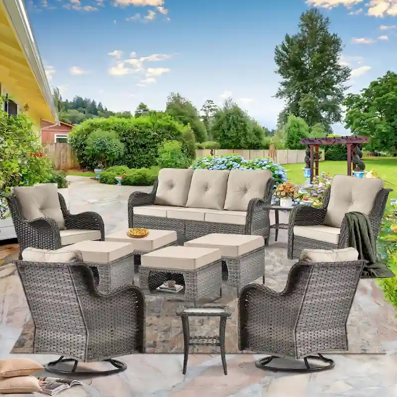 Patio Furniture-11 Piece Wicker Patio Furniture Set with Swivel Chairs
