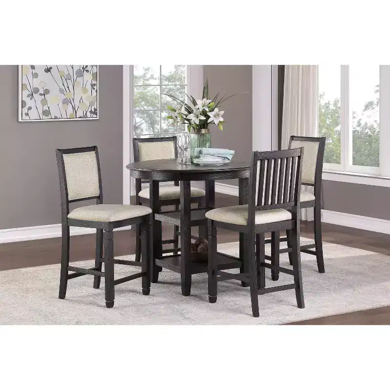 Okak Round Dining Table Transitional Style for Small Space, Counter Height Table with 2 Display Shelves for Living Room, Office, Kitchen