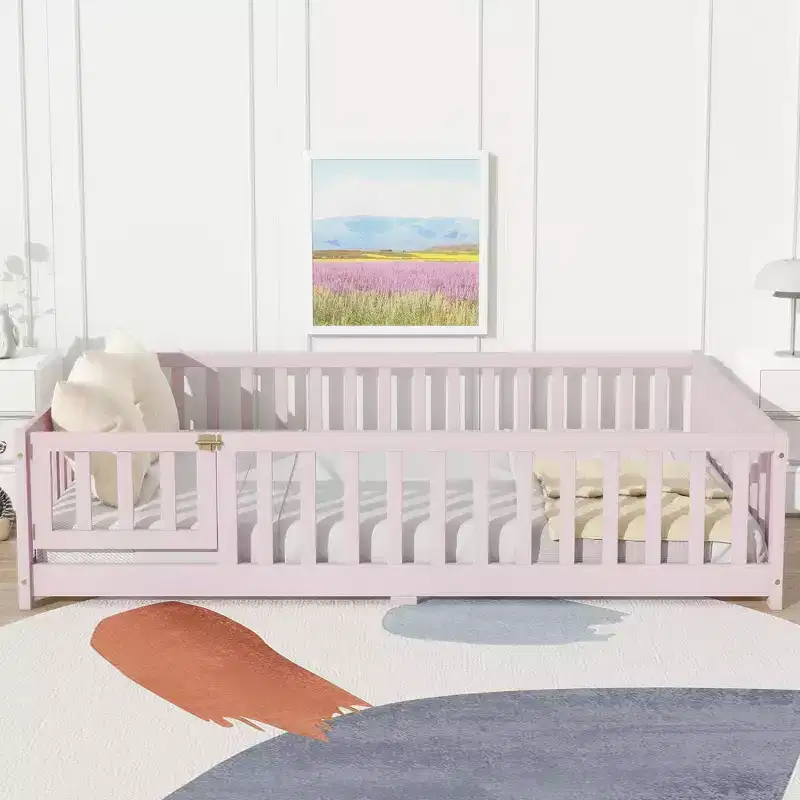 Full Size Floor Bed with Safety Fence & Door - Solid Rubberwood, Pink