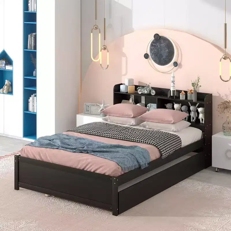 Full Size Storage Headboard Bed with Pull Out Trundle Solid Pine Wood Bed Frame