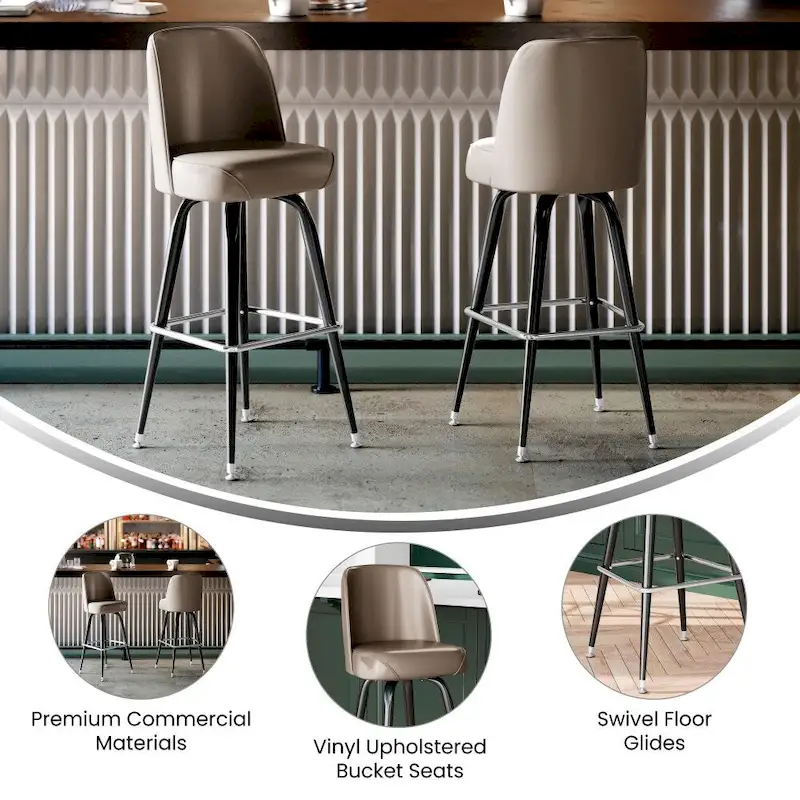 2 Pack Metal Barstool with Swivel Vinyl Upholstered Bucket Seat and Footrest - 18.5D x 18.5W x 42.5H
