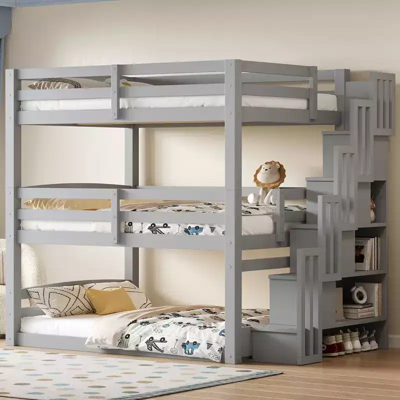 Twin Size Triple Bunk Bed with Storage Staircase, Separate Design