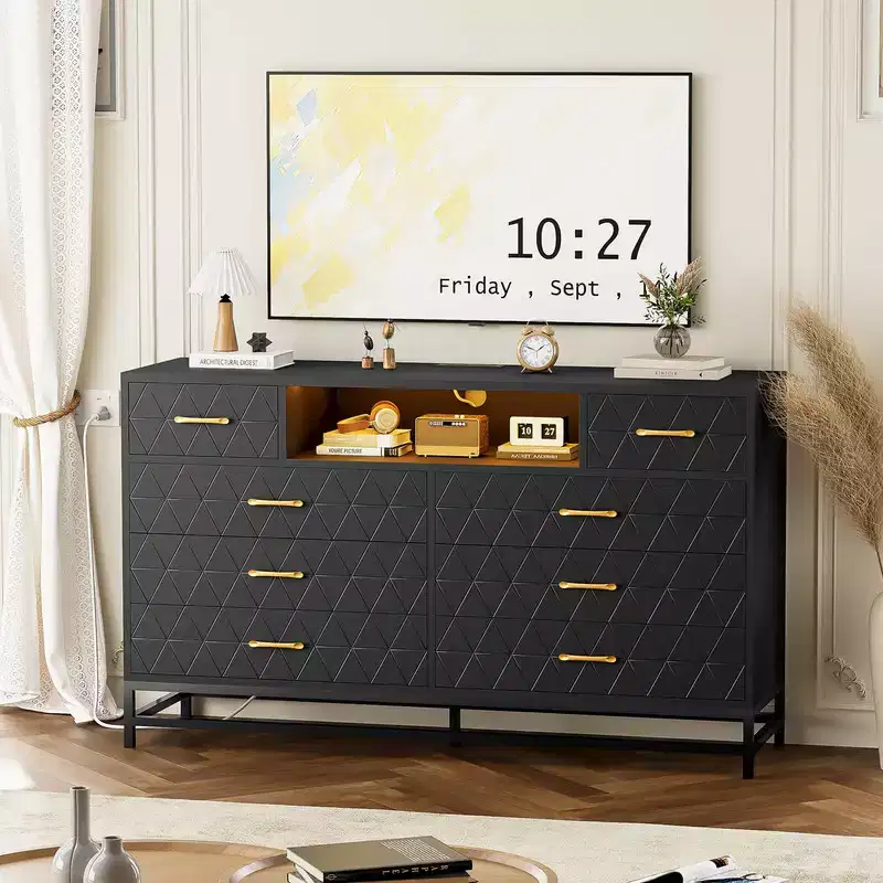 Black 8-Drawer Dresser with LED Lights & Power Outlet – TV Stand Style, Fits 1–2 Users
