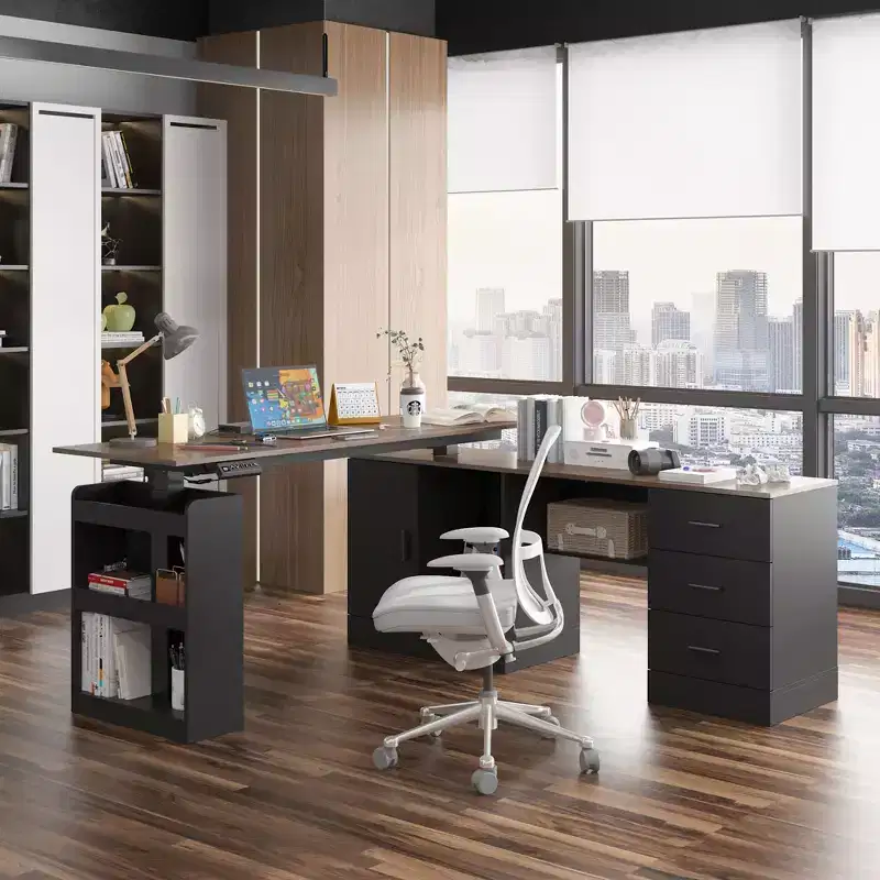 Height-Adjustable Computer Desk Office Desk Standing Desk: L-Shaped Spacious Desktop, Storage Cabinets