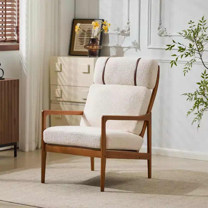 Mid-Century Modern Armchair, High Back, Cushions Included, 1-Seat, Beige/Light Gray, Walnut Legs