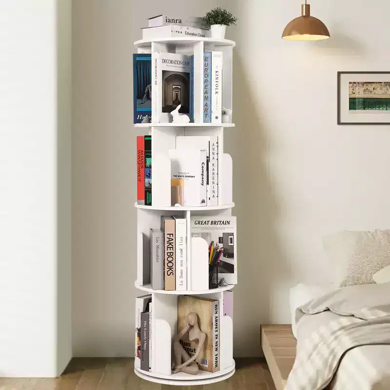 4 Tier 360 Rotating Bookshelf, Free Standing Wooden Bookcase, Book Storage Organizer for Living Room, Bedroom