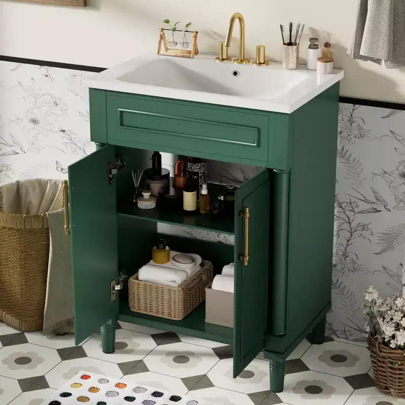 24 Bathroom Vanity with Ceramic Sink, Shaker Cabinet, 2 Soft-Close Doors, Solid Wood Frame for Small Bathroom or Powder Room