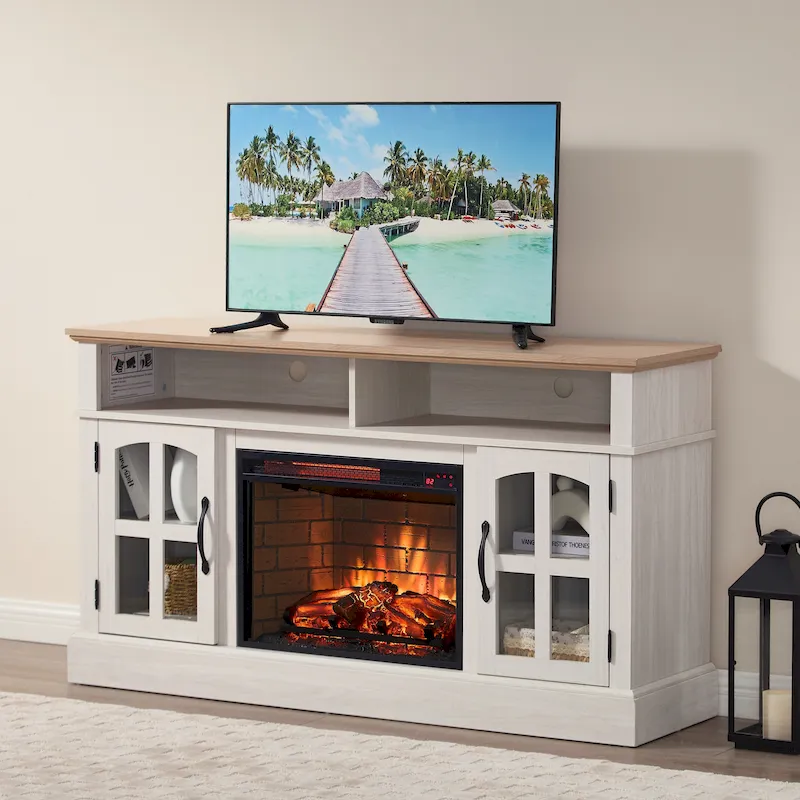 Jasmine White 2-Door Electric Fireplace TV Stand, Fits up to 70