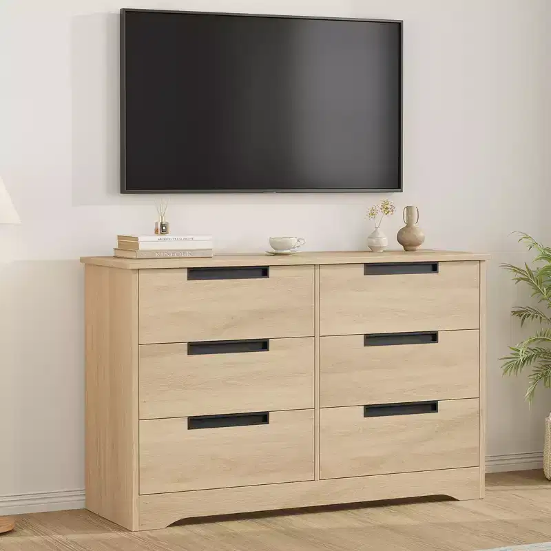 6 Drawer Dresser for Bedroom, Natural Double Dresser Organizer with Embedded Handles Design, Wooden Chest