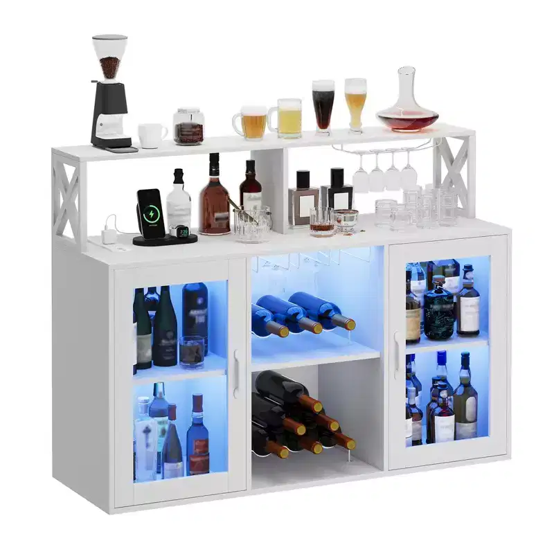 Home Bar Liquor Cabinet Freestanding Wine Bar Cabinet with LED Light and Power Outlets, with Wine Rack and Glass Holder