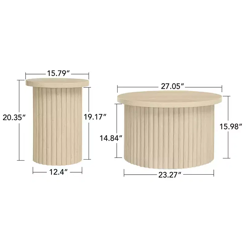 FurnitureR Round Fluted Coffee Table Set, 2-Piece Nesting Tables in Natural Wood Finish for Living Room or Lounge