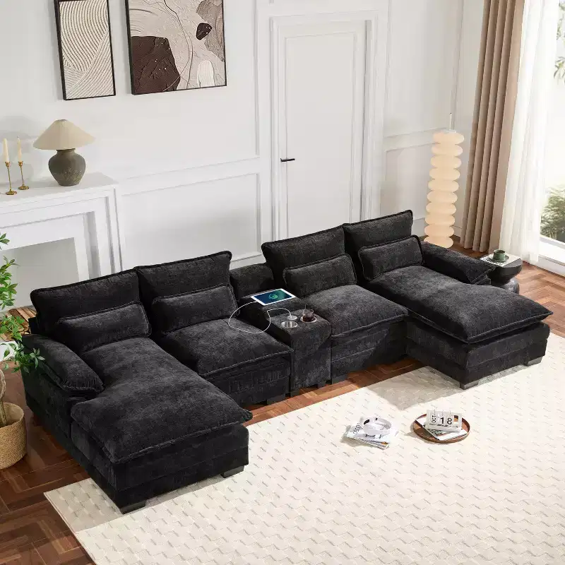123'' U-Shaped Sectional Sofa with USB Charging, Cup Holders & Console, 6-Seater Chenille Couch with Double Cushions for Living Room