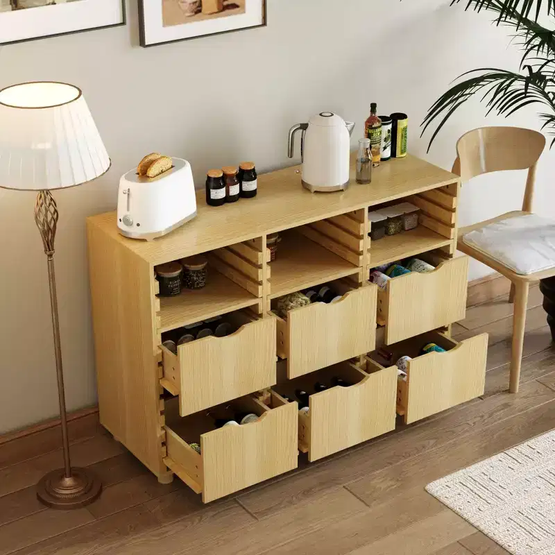 Hitow Farmhouse Buffet Sideboard Adjustable 6-Drawer Cabinet Solid Wood Slats Kitchen & Dining Storage Cabinet Kitchen Pantry Storage Solution