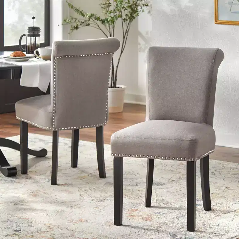 Buylateral Set of 2 Adeline Nailhead Upholstered Parsons Dining Chair Gray: Rubberwood Legs, 250lb Capacity