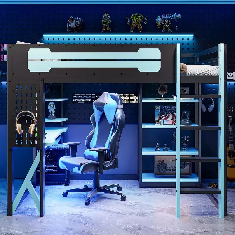 Whisen Full Wood Loft Bed Frame with Desk, Shelves, Power Outlet & USB/Type-C Ports