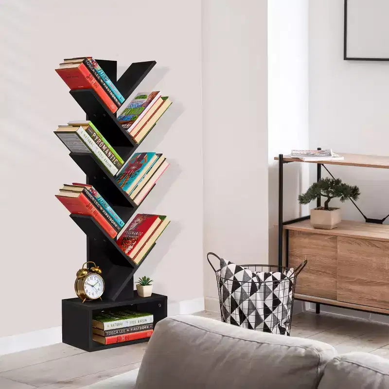 7-Tier Zigzag Tree Bookcase with Open Drawer for Books, Decor, and Accessories - Space-Saving Organizer Unit for Living Room, Bedroom, Office