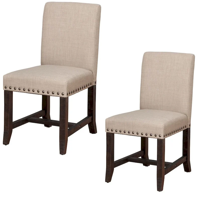 Fabric Upholstered Wooden Side Chair with Nail Head Trim Accents, Beige and Black