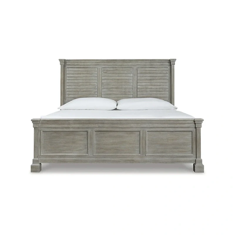 Queen Panel Bed, Glazed Bisque Wire-Brushed Finish, Louvered Headboard, Wood & Veneer, Traditional Style