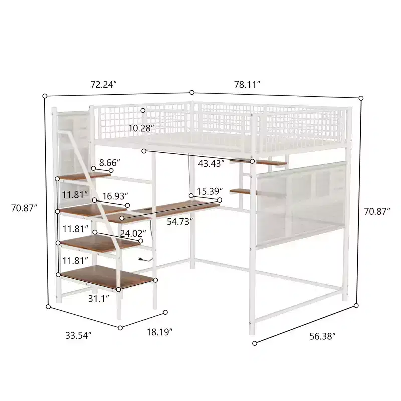 Metal Loft Bed with built-in Desk, Storage shelves and lighting for bedroom and dorm