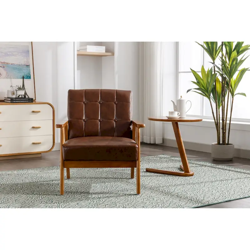 Linen/PU Upholstered Tufted Living Room/Bedroom Accent Chair With Wood Legs