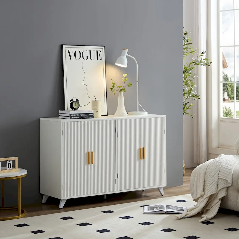 Sideboard Buffet Cabinet with 4 Doors, Living Room & Dining Room, Ivory White
