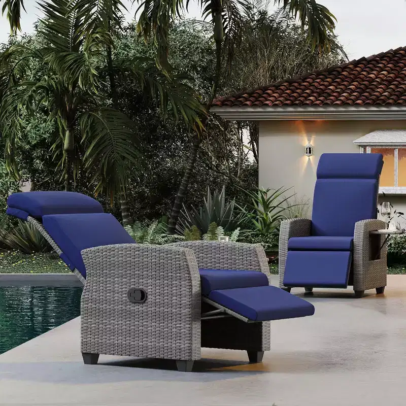 Patio Recliner Chair, Adjustable Back Footrest PE Wicker Weather Resistant with Flip Up Table Air Pump