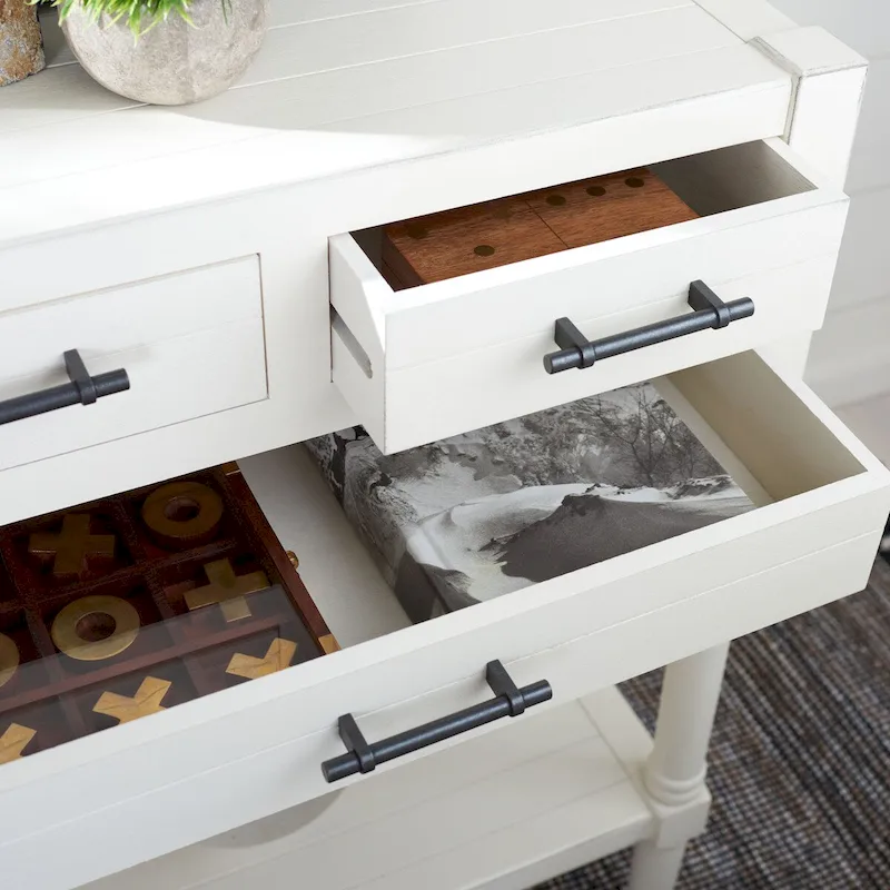 3-Drawer Console Table, Distressed White Wood Finish, 23.5in W x 13in D x 29.5in H, Entryway Accent Table