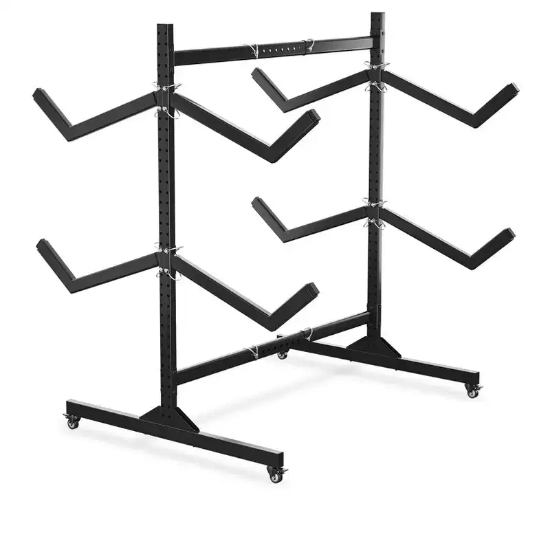 Heavy-Duty Freestanding Kayak Storage Rack Adjustable Steel Holder, Movable Wheels, Hanging Straps Multi-Kayak Stand S Type