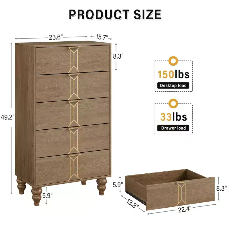 5 Drawers Dresser, Modern Wooden Tall Dresser with Deep Drawers, Chest of Drawers for Bedroom, Living Room, Hallway, Entryway