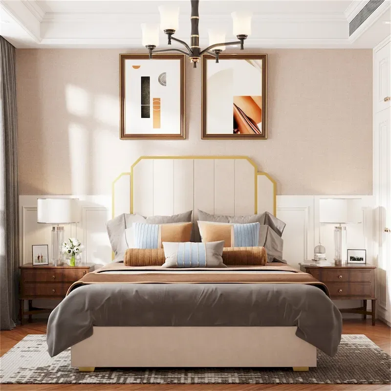 Queen Velvet Platform Bed – Gold + Creamy White / Black / Blue, Channel Headboard, 4 Storage Drawers, Sleeps 1