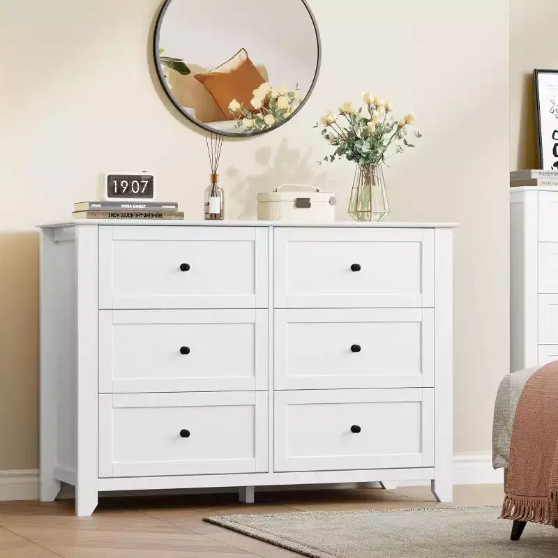 White Modern 6 Drawer Wooden Dresser, Large Chest of Drawers with Deep Drawers & Metal Knobs for Bedroom, Entryway & Hallway