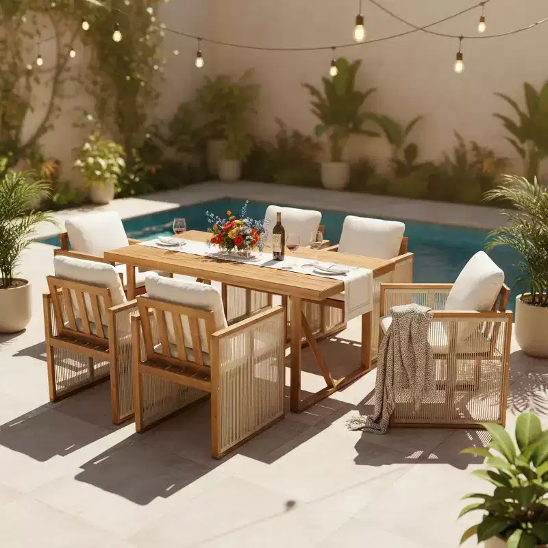 Christopher Knight Home Nori Modern 7 Piece Outdoor Acacia Wood Dining Set with Handwoven Cord