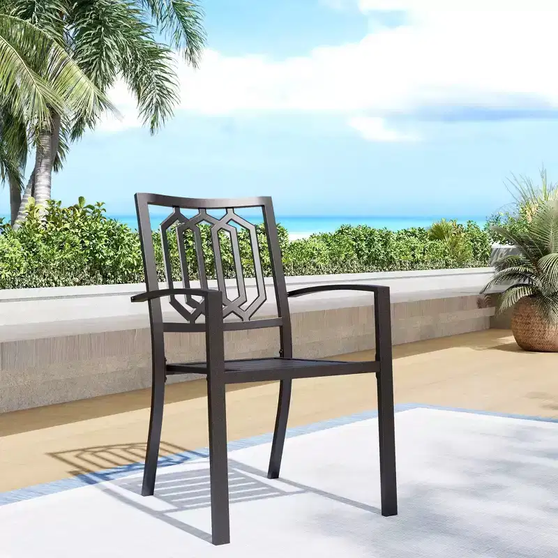 8pc Outdoor Dining Set with Metal Slat Top Table & Wrought Iron Chairs - Black/Beige - Captiva Designs