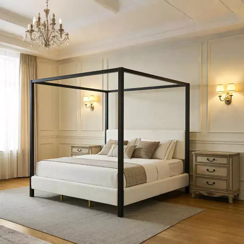 Queen/King Size Canopy Bed Upholstered Platform Bed Frame with Soft Padded Headboard & Sturdy Black Metal Frame, White - ModernLuxe