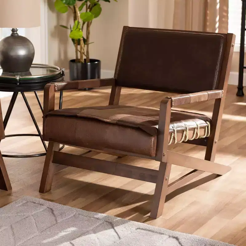 Rovelyn Faux Leather Walnut Finished Wood Lounge Chair Brown - Baxton Studio