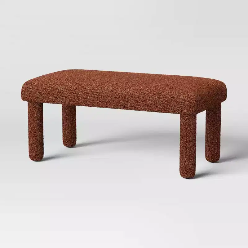 Upholstered Boucle Bench in Rust – Rectangle, Wooden Frame