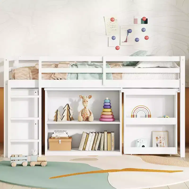MAYEERTY Twin Loft Bed with Drawer Cabinet Shelf Cabinet and Pulling Out Desk,Rubber Wood Loft Bed with Guardrail Ladder White
