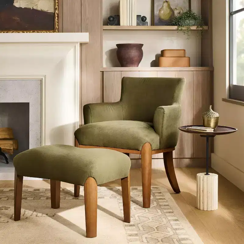 Upholstered Ottoman With Wood Legs Olive Green - Threshold designed with Studio McGee