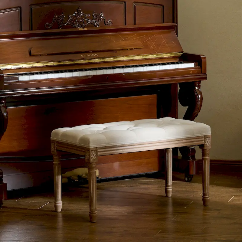 French Vintage Upholstered Bench with Carved Solid Wood Frame